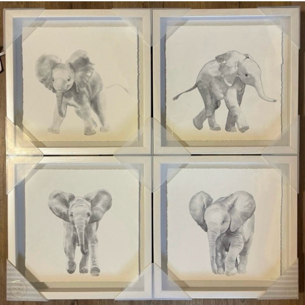Marmont Hill Set of 4 Framed Baby Elephant Watercolor Nursery Safari Wall Art